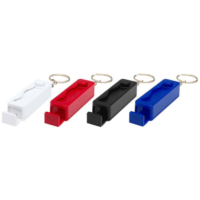 A set of four keychain fidget toys in white, red, black, and blue, each featuring a branding logo.