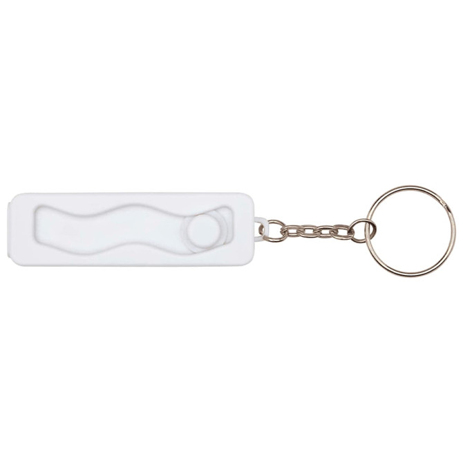 A white recycled plastic phone stand with a fidget toy, attached to a metal keychain.