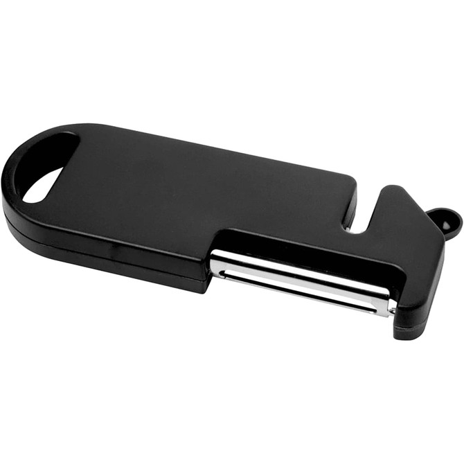 A multi-purpose kitchen tool in black, featuring a peeler and a handle for easy grip. It includes a logo.