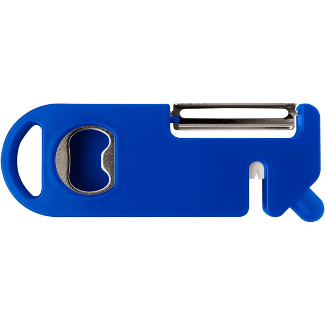 A blue multi-purpose kitchen tool featuring a peeler, bottle opener, and a small knife. It has a logo.