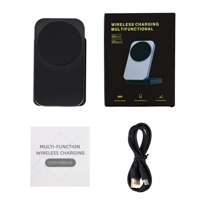 A wireless charger with a sleek black and silver design, accompanied by a user manual and charging cable.