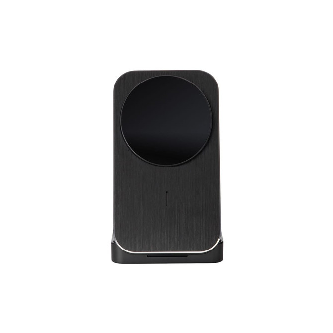 A wireless charger featuring a sleek black design with a smooth circular charging pad and a minimalist shape.