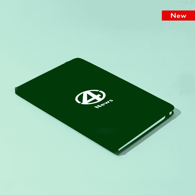 A green A5 notebook with a logo on the cover, featuring a band closure and a plain interior.