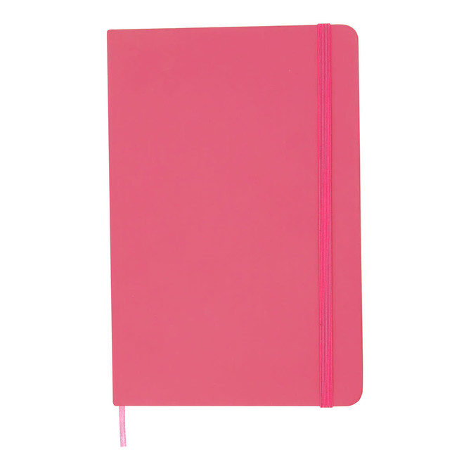 A pink A5 notebook with a matching elastic band and ribbon bookmark, featuring a smooth, matte cover.