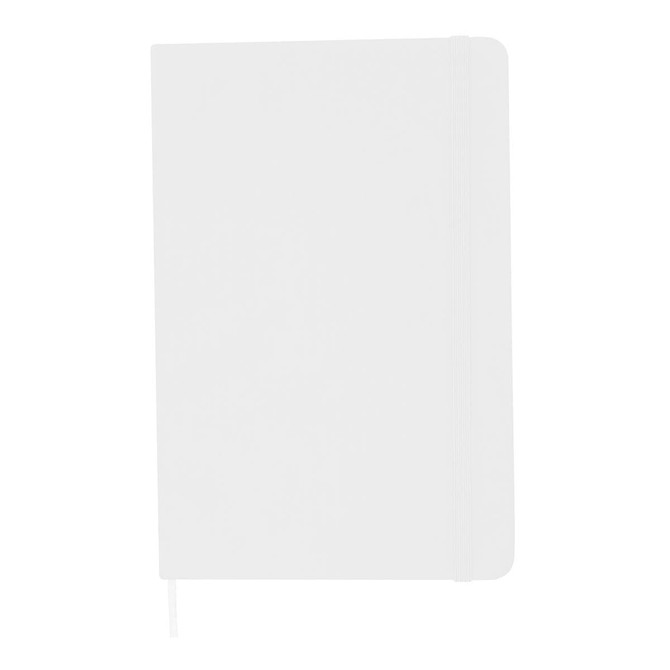 A blank A5 notebook in white, featuring a smooth cover and an elastic band for closure. It includes a branding logo.