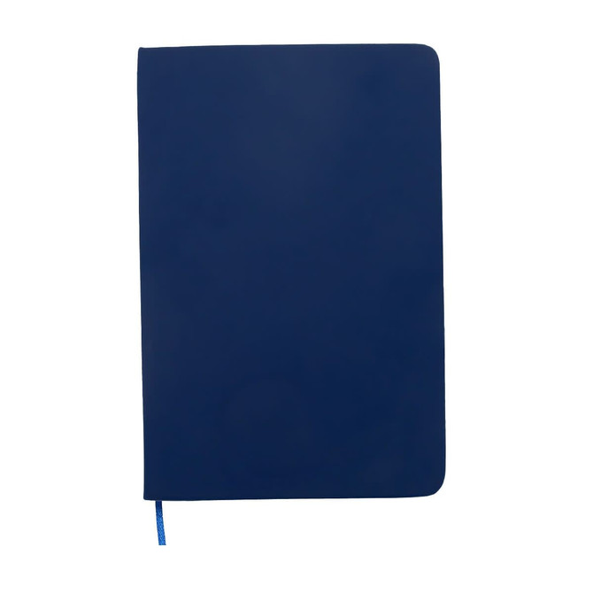 A dark blue A5 notebook with a smooth cover and a ribbon bookmark, featuring a logo on the front.