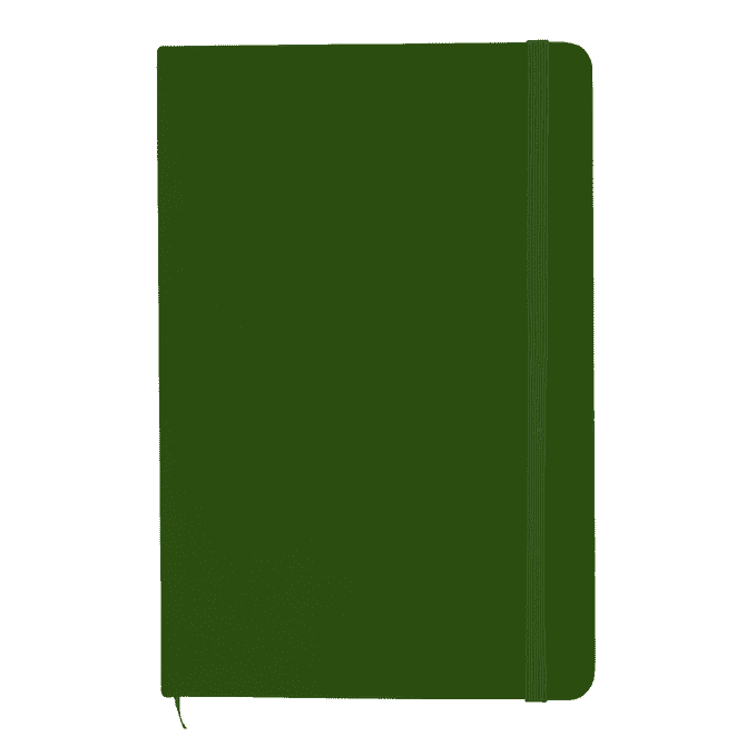 A green A5 notebook with a soft cover, an elastic band, and a ribbon bookmark. It features a logo on the front.