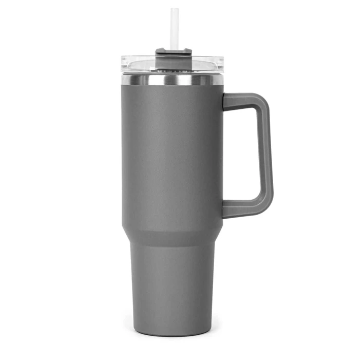 A drink bottle in grey with a handle and a transparent lid, featuring a straw. It has a sleek, modern design.
