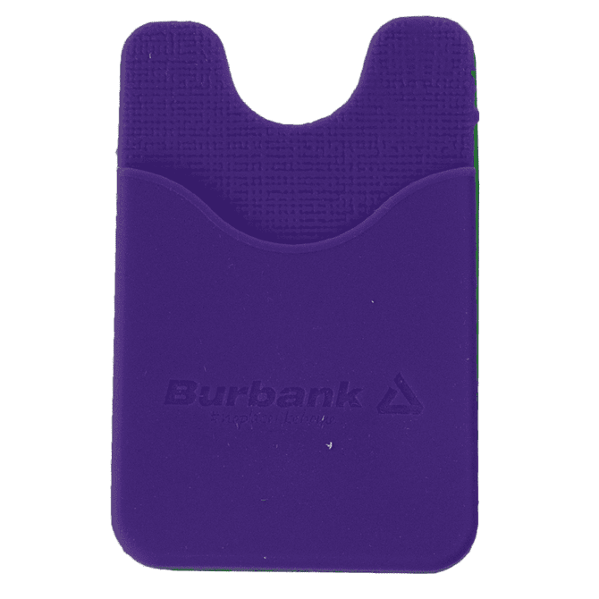 A purple phone wallet with a textured surface and a slot for cards, featuring a logo.