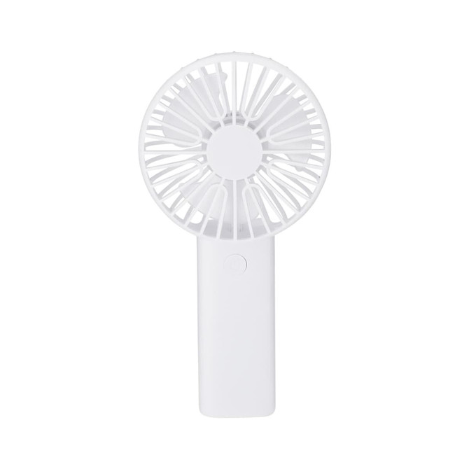 A white handheld fan with a circular grille and a sturdy base, featuring a logo on the handle.