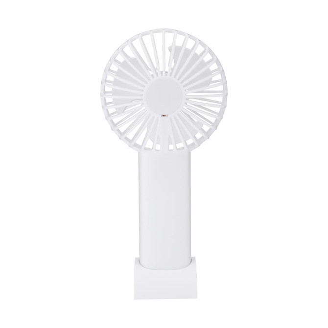 A white handheld fan with a circular grille and a simple stand. It features a branding logo.