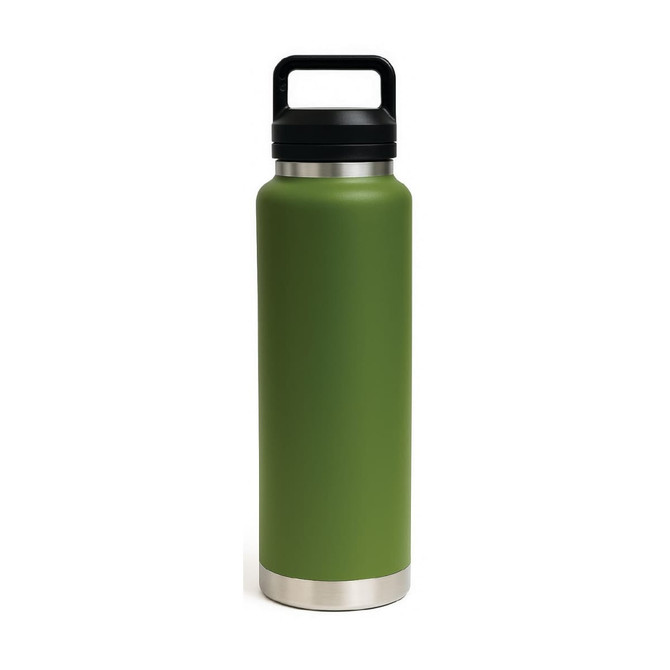 A drink bottle in matte green with a stainless steel base and a black Tritan lid, featuring a handle.
