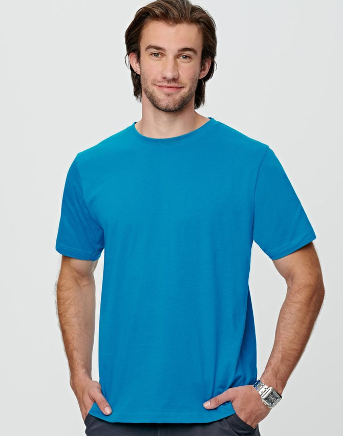 A semi-fitted men's t-shirt in bright blue, featuring short sleeves and a round neckline. It has a logo on the front.