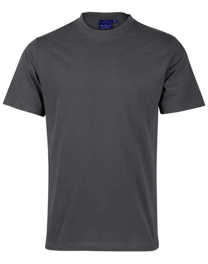 A grey men's cotton semi-fitted tee with crew neckline and short sleeves, featuring a logo on the label.