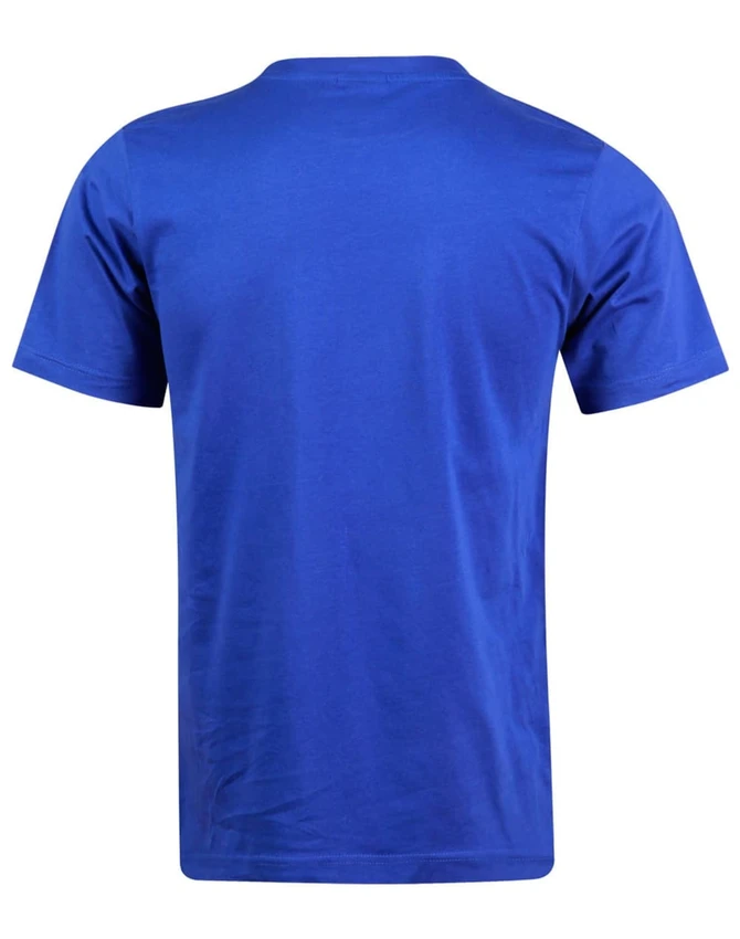 A blue men's cotton semi-fitted t-shirt viewed from the back, featuring a plain design with no visible branding.