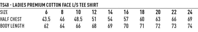 A table displaying sizes for Ladies' Premium Cotton Face L/S Tee Shirt, including measurements for half chest and body length.