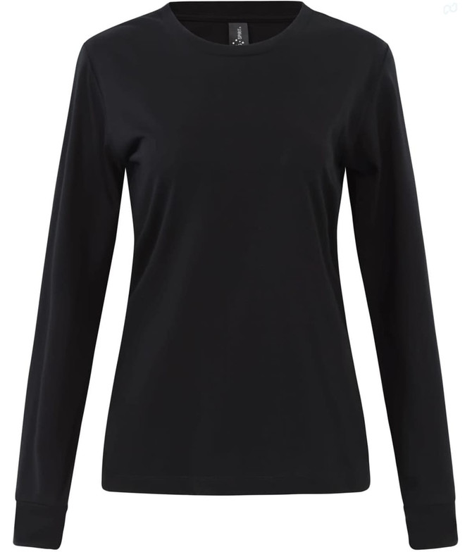 A black long-sleeve tee shirt for women in premium cotton. It features a round neckline and has a logo.