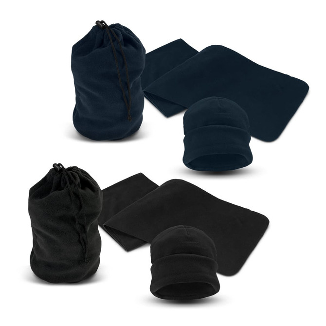 A navy blue scarf and beanie set in a drawstring bag, with additional black accessories, all featuring a logo.