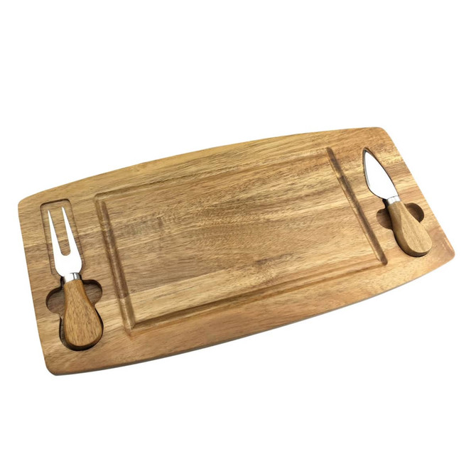 A wooden cheeseboard with a smooth surface and two metal knives, featuring wooden handles.