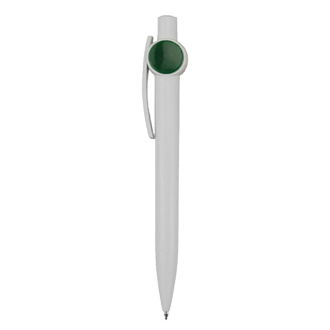 A white plastic pen with a green accent and a clip. The pen features a logo on its body.