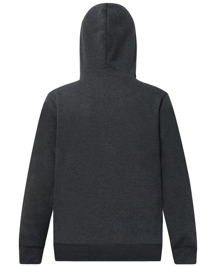 A dark grey adult hoodie with a close front design and a hood. It features ribbed cuffs and a branding logo.
