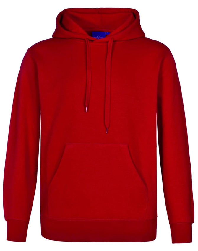 A red adult's close front contrast fleecy hoodie with a front pocket and a hood. Features a logo on the design.