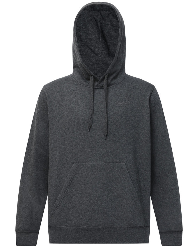 A charcoal marl adult's close front contrast fleecy hoodie featuring a front pocket and adjustable drawstring hood.