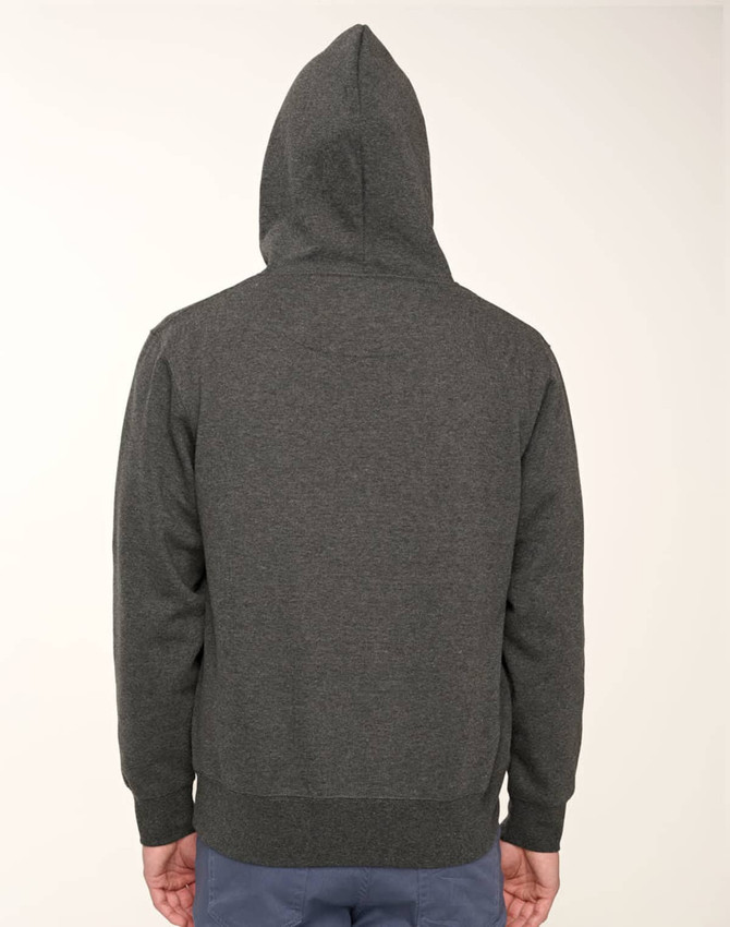 A grey adult hoodie with a front zipper and a hood, showcasing a plain back view.