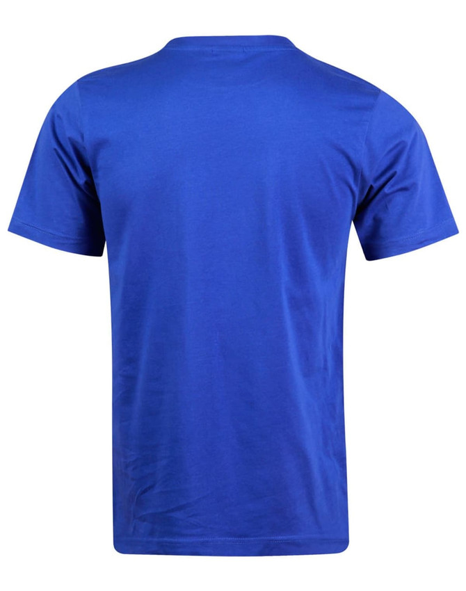 A blue kid's cotton semi-fitted tee with a plain back. Features a logo on the neckline.
