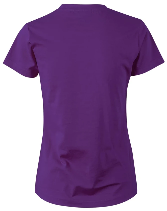 A purple ladies' cotton semi-fitted tee, featuring a simple design and short sleeves. It has a logo on the back.