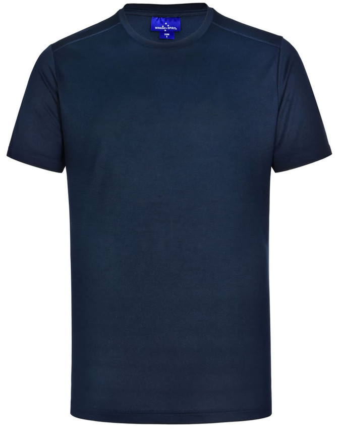 A navy men's ultra lightweight performance short sleeve tee with a logo on the neckline.