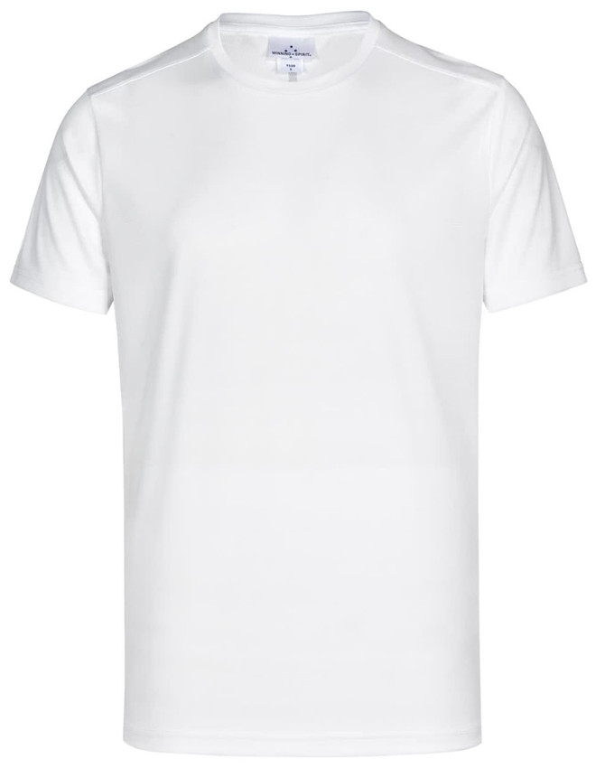 A white short-sleeve performance t-shirt with a logo on the chest. Ideal for athletic and casual wear.