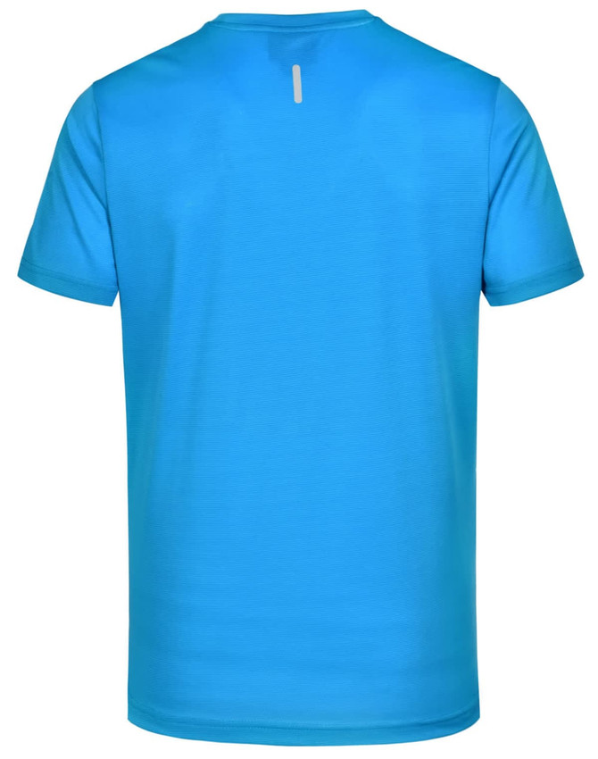 A blue short-sleeve t-shirt featuring a simple design and a logo on the back.