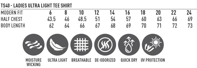 A chart listing size measurements for the Ladies' Ultra Light Weight Performance Short Sleeve Tee in various sizes.