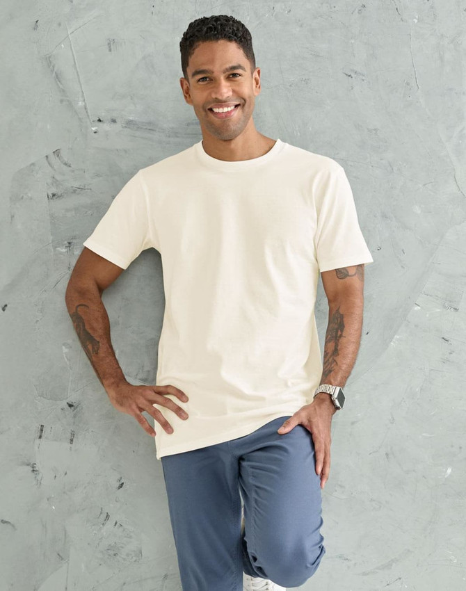 A black premium cotton t-shirt displayed on a model, featuring short sleeves and a round neckline.