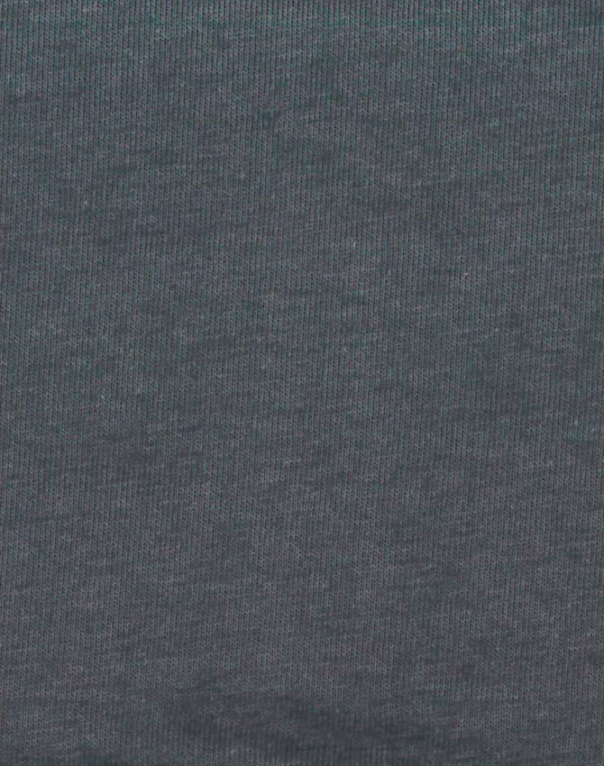 A dark grey cotton t-shirt fabric with a smooth texture and subtle ribbing, featuring a logo.
