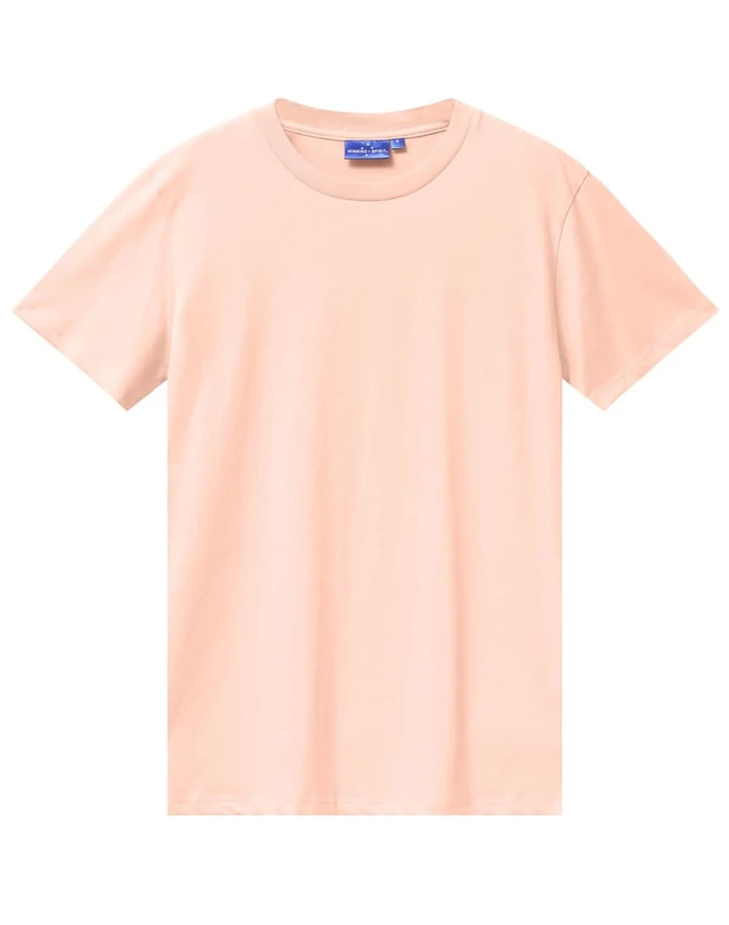 A plain peach-coloured men's premium cotton t-shirt featuring a round neckline and short sleeves, with a brand logo.