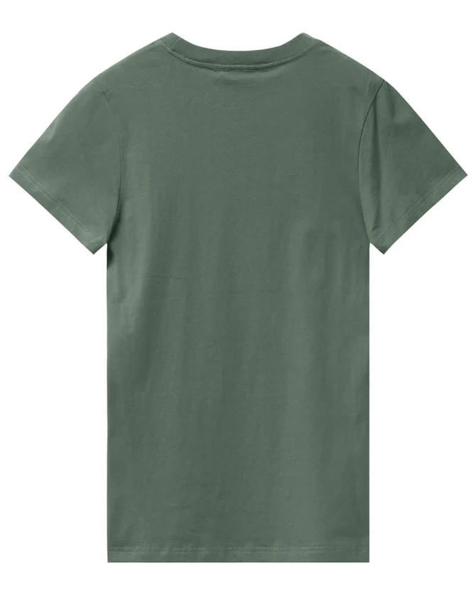A green ladies' premium cotton tee featuring a simple design and short sleeves, displayed from the back.