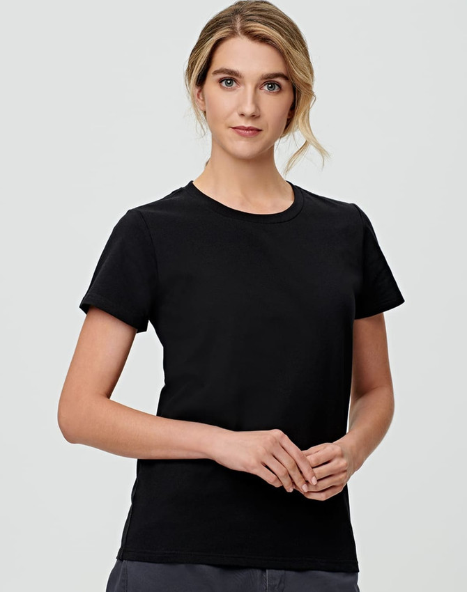 A black premium cotton tee for ladies, featuring a classic crew neck and short sleeves. Includes a logo.