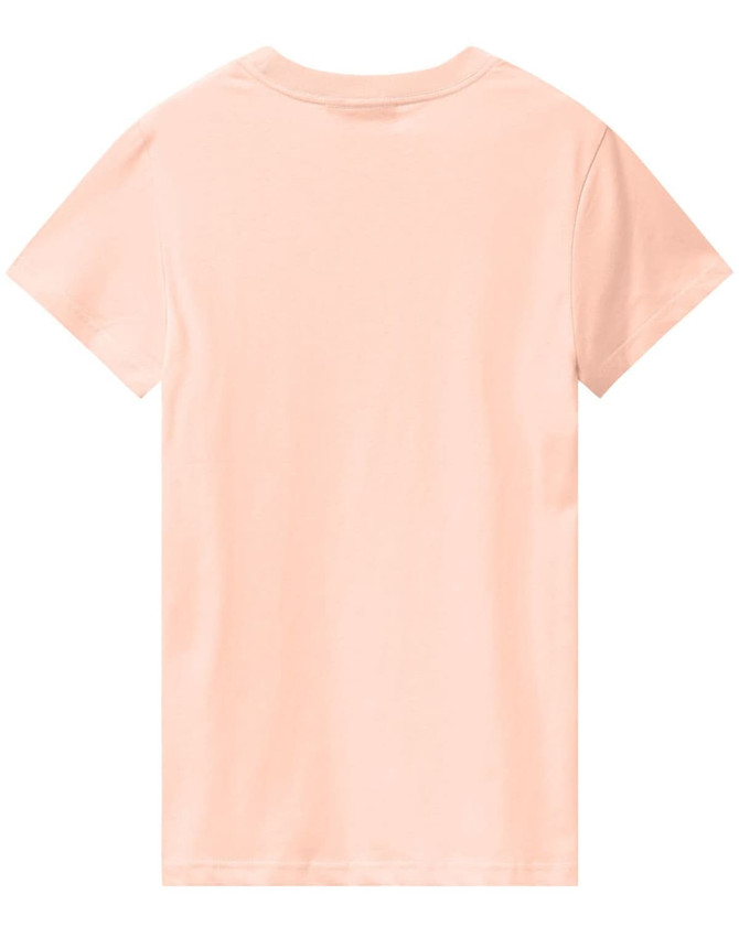 A ladies' premium cotton tee in a soft peach colour, featuring a plain back and a logo on the label.