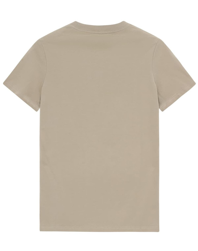 A beige premium cotton t-shirt with a simple design and short sleeves, featuring a logo on the fabric.