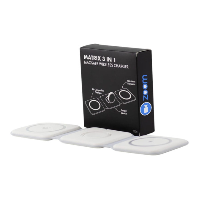 A white Matrix 3-in-1 MagSafe wireless charger with three charging pads and a box featuring a logo.