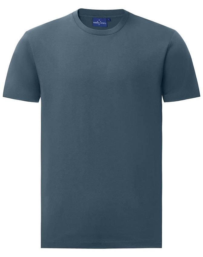 A men's premium cotton short-sleeve tee shirt in a dark blue colour, featuring a logo on the label.