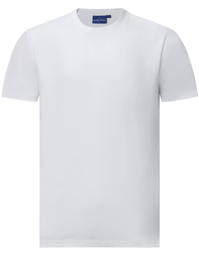 A white short-sleeve tee shirt made of premium cotton, featuring a simple design and a logo on the label.