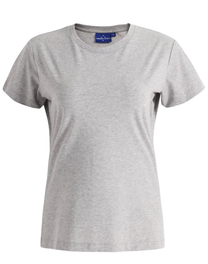 A grey premium cotton short-sleeve tee shirt for women, featuring a round neckline and a simple design.