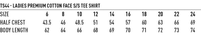 A size chart for a ladies' premium cotton short-sleeve tee shirt with measurements in half chest and body length.