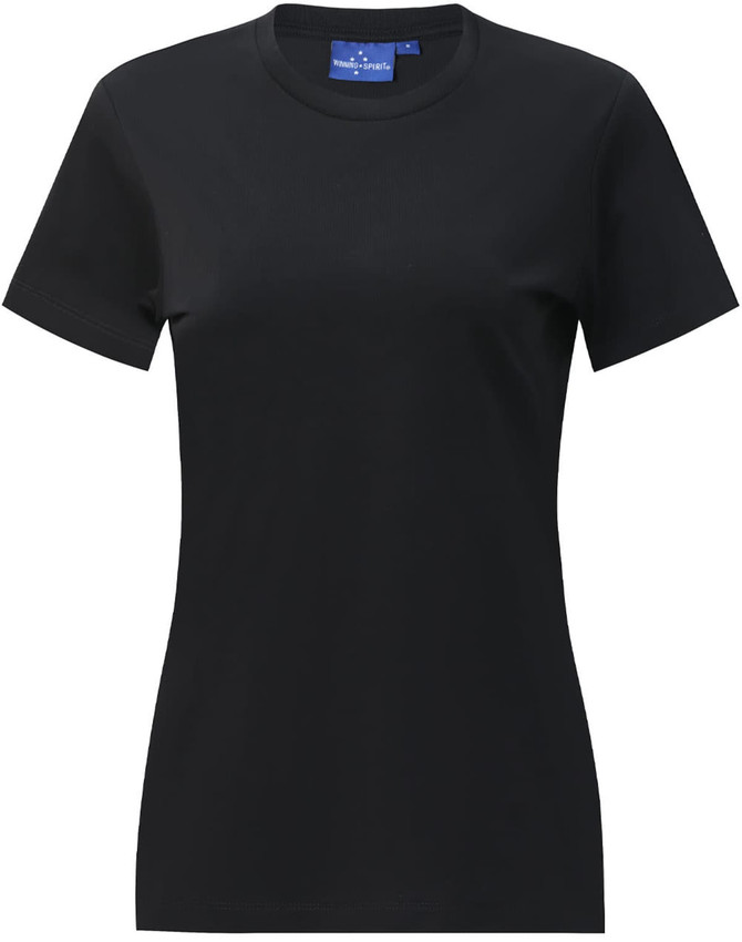 A black ladies' premium cotton short-sleeve tee shirt featuring a fitted design and a logo.