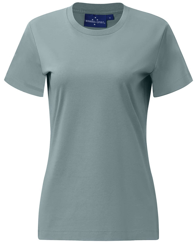 A ladies' premium cotton short sleeve tee shirt in a soft green colour with a simple design and a logo.