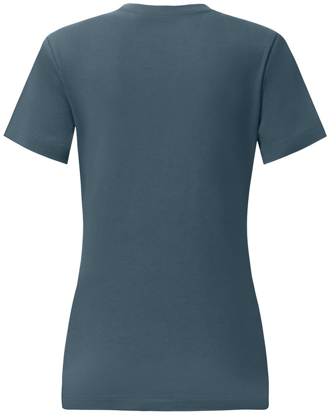 A ladies' premium cotton short-sleeve tee shirt in a navy blue tone, featuring a logo on the back.