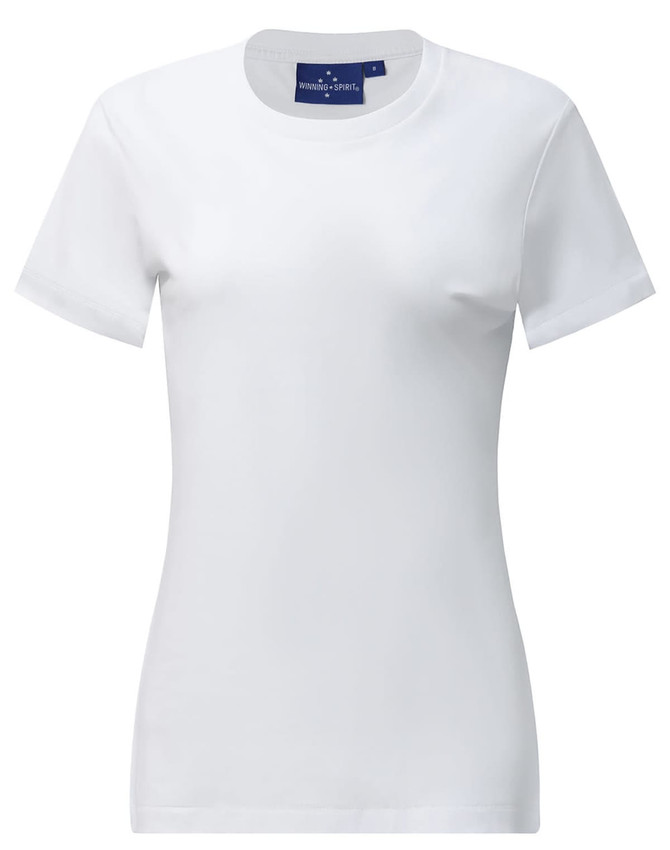 A white ladies' premium cotton short sleeve tee shirt with a tag and a fitted design.
